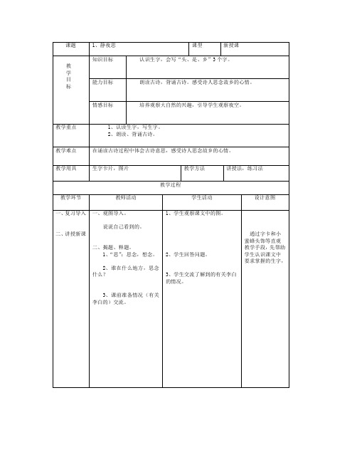 最新语文S版一年级语文上册1、静夜思教案(教学设计、说课稿)