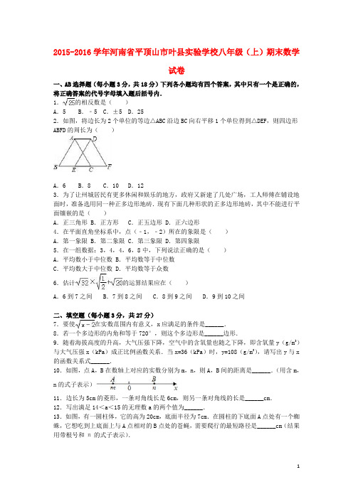 河南省平顶山市叶县实验学校_八年级数学上学期期末试卷(含解析)新人教版【含答案】