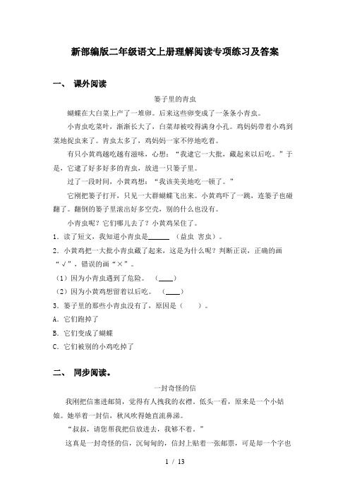 新部编版二年级语文上册理解阅读专项练习及答案