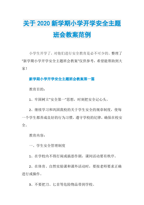 关于2020新学期小学开学安全主题班会教案范例