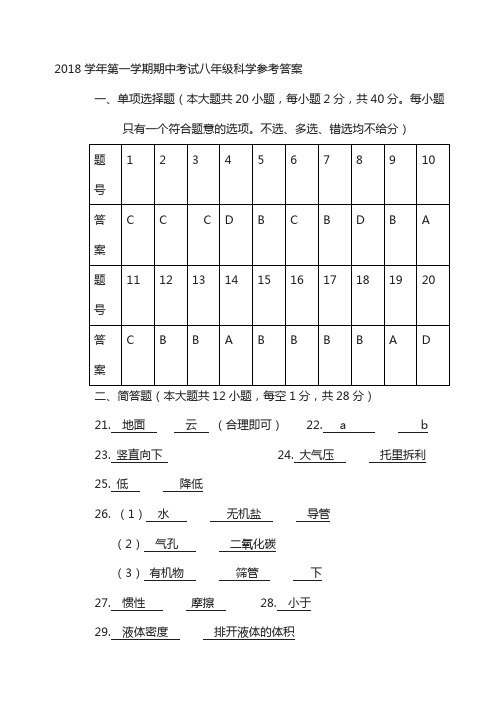 学年第一学期期中考试八年级  科学 参考答案