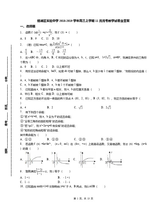 杨浦区实验中学2018-2019学年高三上学期11月月考数学试卷含答案
