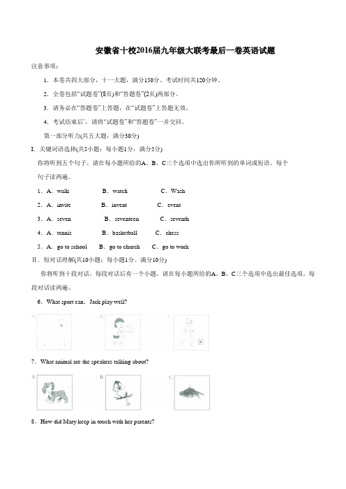 安徽省十校2016届九年级大联考最后一卷英语试题(原卷版)