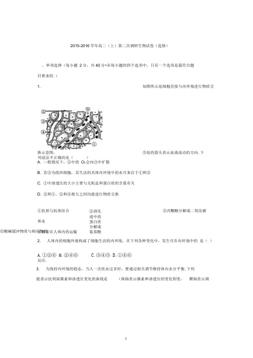 高二生物-2015-2016学年高二上学期第二次调研生物试卷(选修)(DOC)