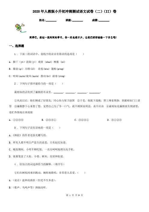 2020年人教版小升初冲刺测试语文试卷(二)(II)卷