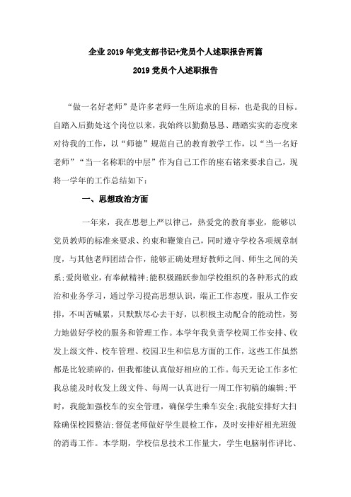 企业2019年党支部书记党员个人述职报告两篇(可供参考)