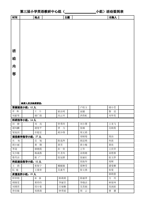 第三届小学英语教研中心组小组活动签到表