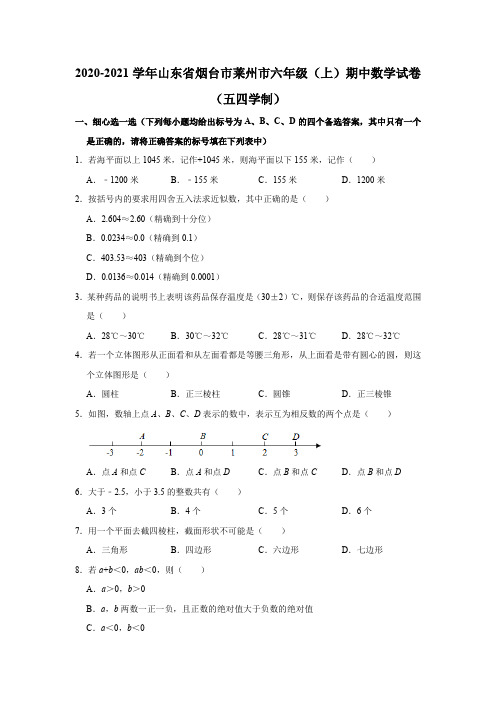 山东省烟台市莱州市2020-2021学年六年级(上)期中考试数学试卷 解析版【鲁教版( 五四学制)】