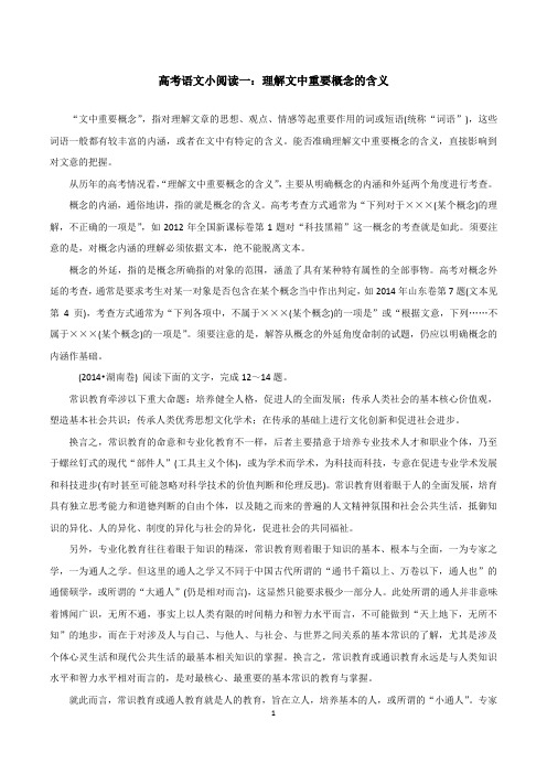高考语文小阅读一：理解文中重要概念的含义(附：精选试题和答案详解)