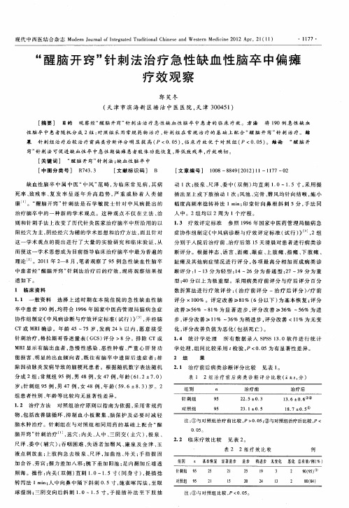 “醒脑开窍”针刺法治疗急性缺血性脑卒中偏瘫疗效观察