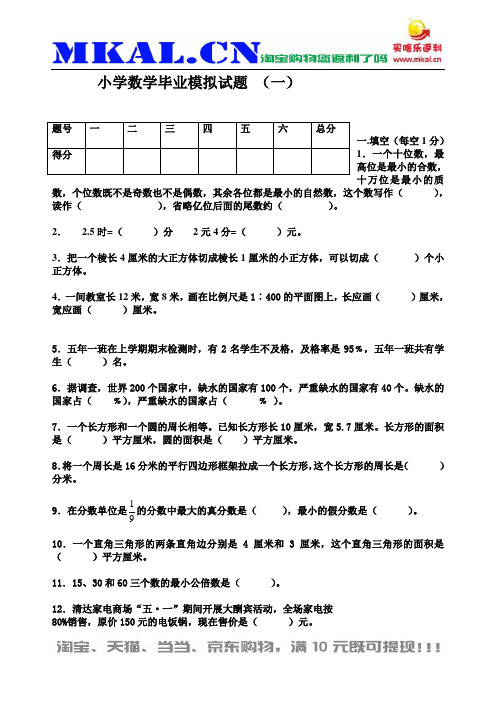 小学数学毕业模拟试题