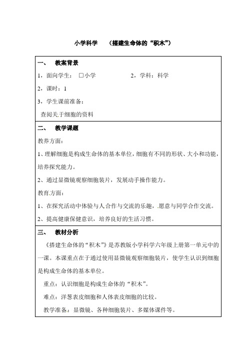 六年级上册科学教案-1.4《搭建生命体的积木》｜苏教版