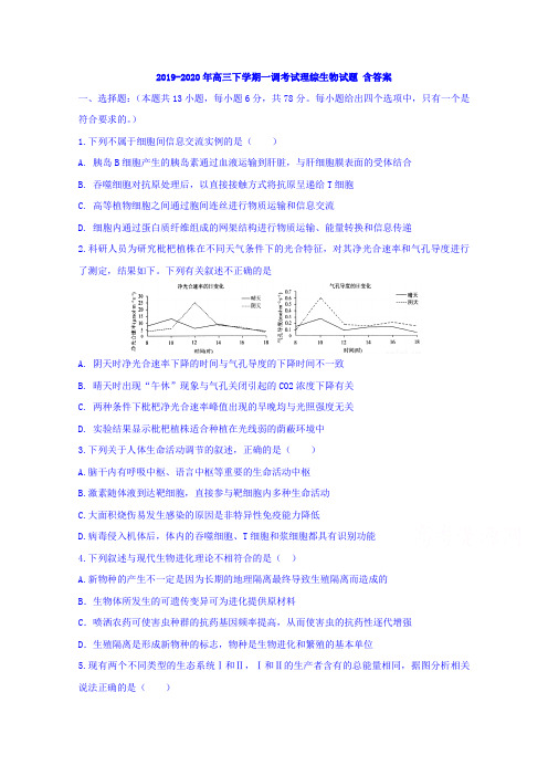 2019-2020年高三下学期一调考试理综生物试题 含答案