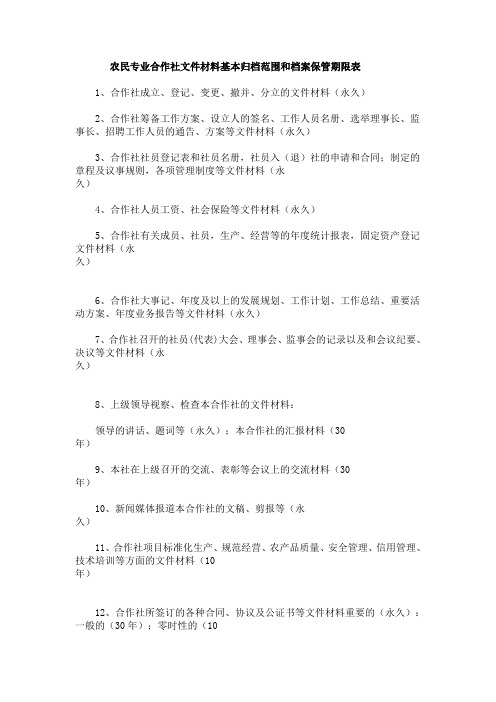 农民专业合作社文件材料基本归档范围和档案保管期限表