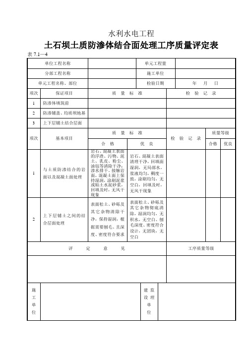 (表7.2-1)土石坝土质防渗体结合面处理工序质量评定表