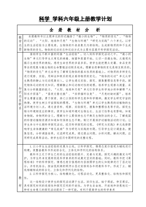 青岛版小学科学六年级上册教学计划