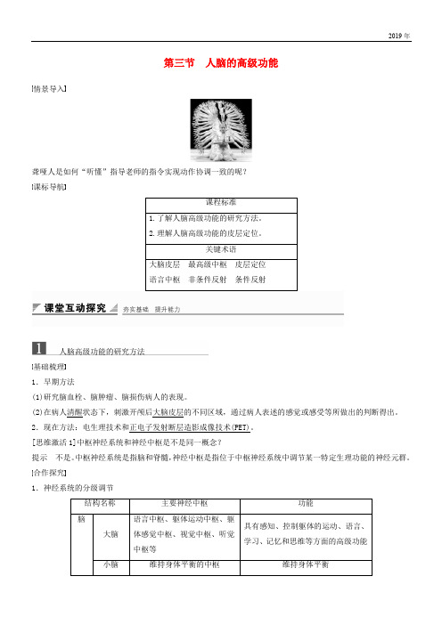2020版高中生物 第三章 动物稳态维持的生理基础 第三节 人脑的高级功能学案 中图版必修3