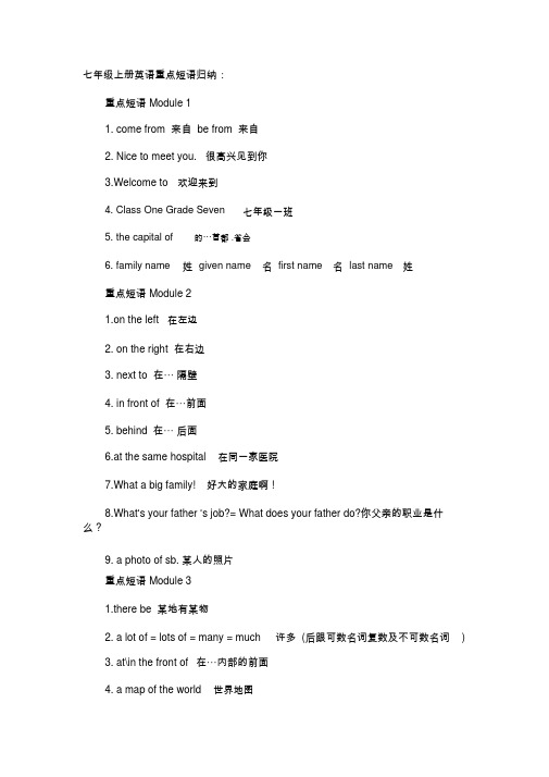 七年级上册英语重点短语归纳