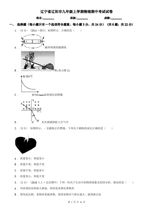 辽宁省辽阳市九年级上学期物理期中考试试卷