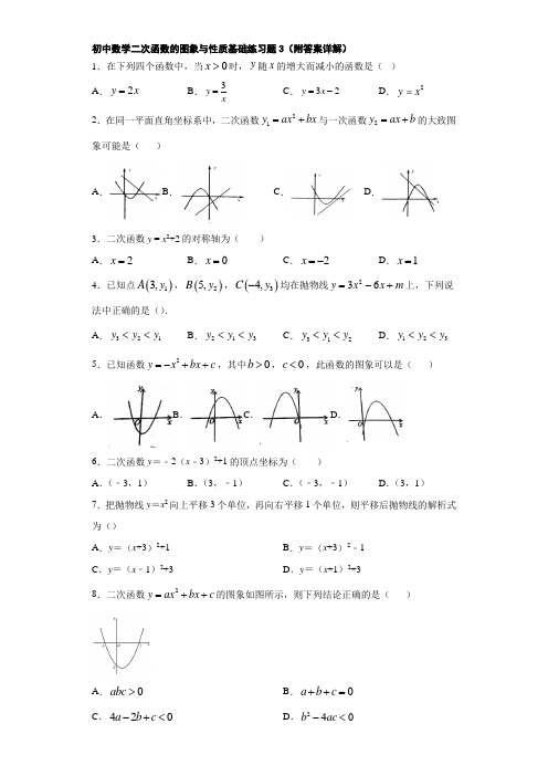初中数学二次函数的图象与性质基础练习题3(附答案详解)