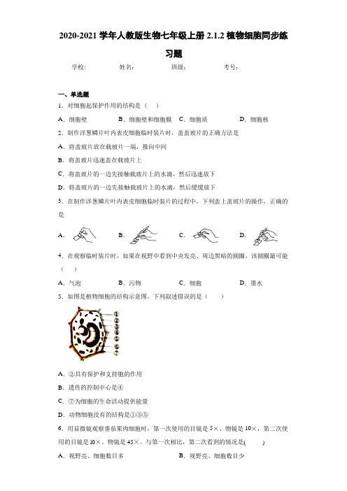 2020-2021学年人教版生物七年级上册2.1.2植物细胞同步练习题