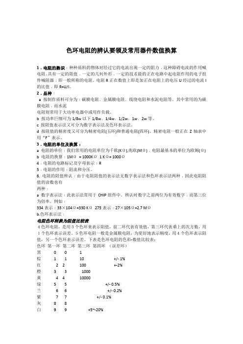 色环电阻的辨认要领及常用器件数值换算