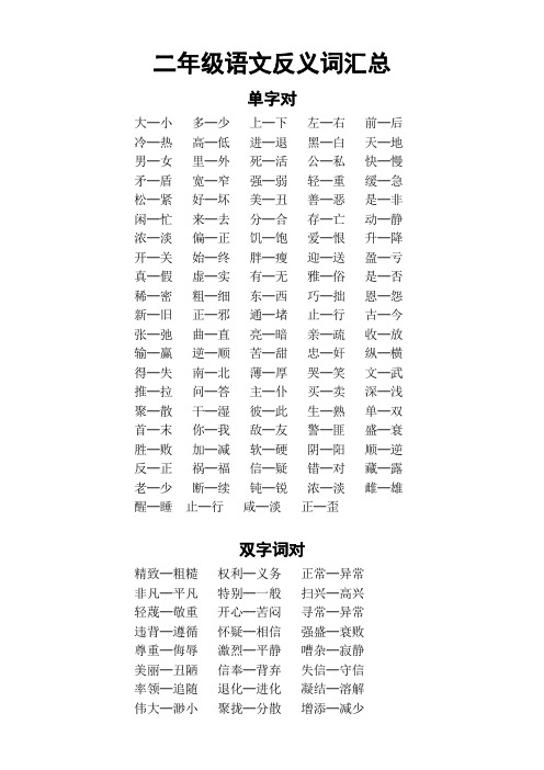 小学语文部编版二年级反义词汇总