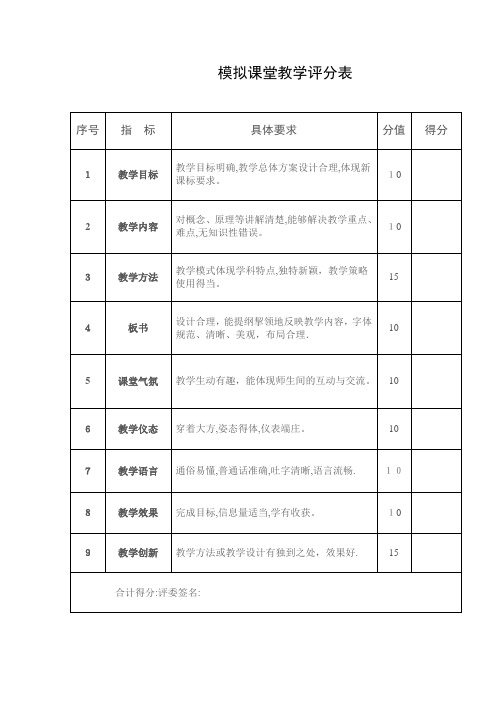 模拟课堂教学评分表