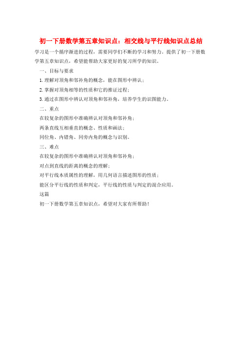 初一下册数学第五章知识点：相交线与平行线知识点总结  