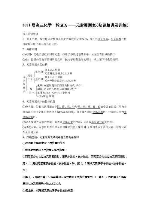 2021届高三化学一轮复习——元素周期表(知识精讲及训练)