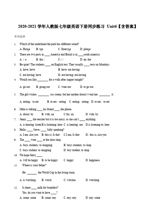 2020-2021学年人教版七年级英语下册同步练习 Unit6【含答案】