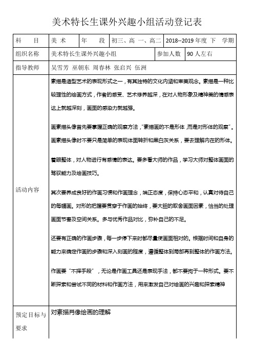 2018-2019下学期美术特长生兴趣活动小组登记表1-1