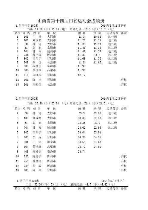 山西省第十四届田径运动会成绩册