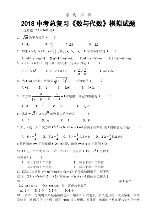 中考数学总复习《数与代数》模拟试题.pdf