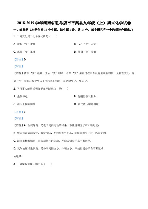 精品解析：河南省驻马店市平舆县2019届九年级上学期期末化学试题(解析版)