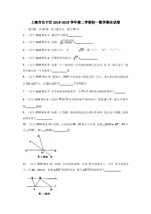 上海市长宁区2018-2019学年第二学期初一数学期末试卷(原卷版)