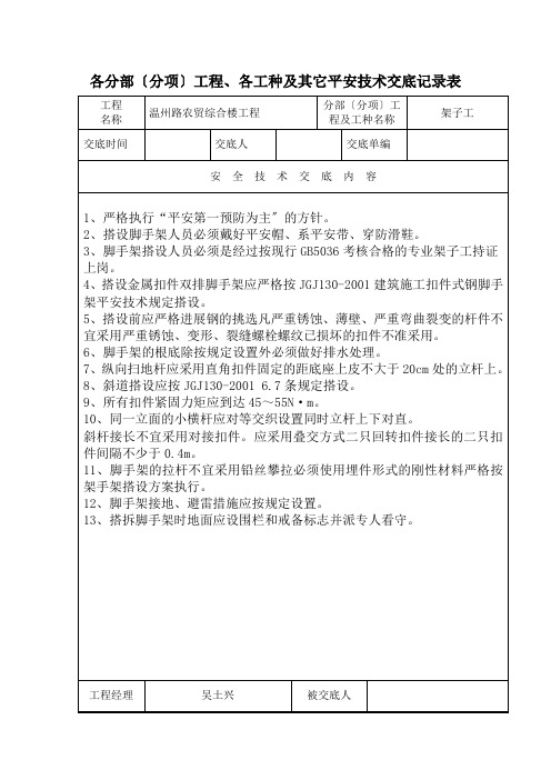 各分部(分项)工程、各工种及其它安全技术交底记录表