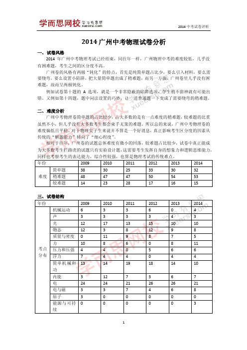 2014广州中考物理试卷分析