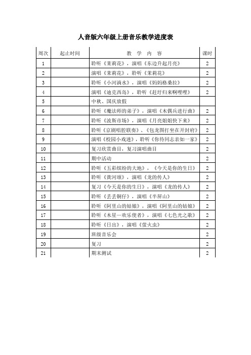 人音版六年级上册音乐教学进度表