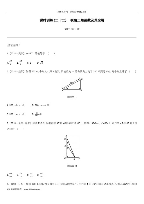 2019年中考数学总复习第四单元图形的初步认识与三角形课时训练22锐角三角函数及其应用练习湘教版
