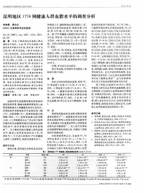昆明地区1774例健康人群血脂水平的调查分析