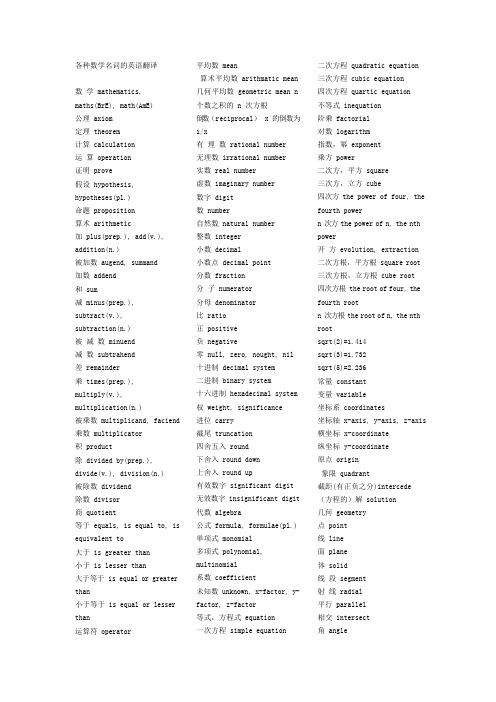 各种数学名词的英语翻译(可编辑修改word版)