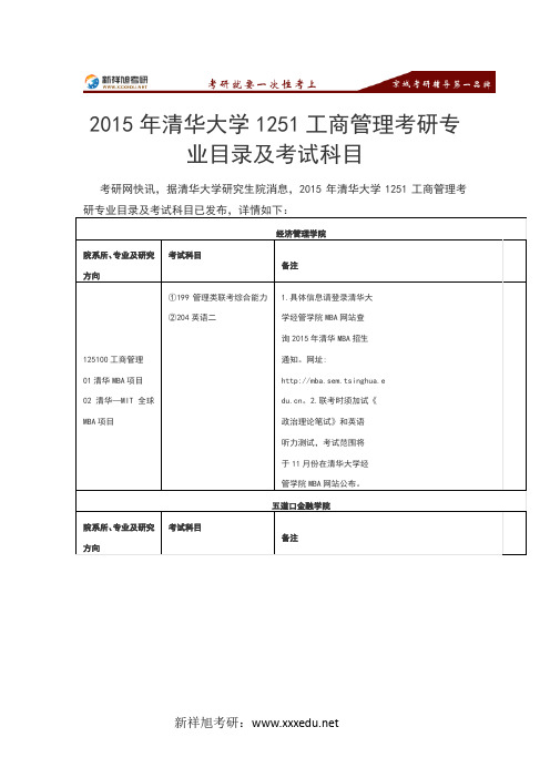 2015年清华大学1251工商管理考研专业目录及考试科目-新祥旭考研辅导