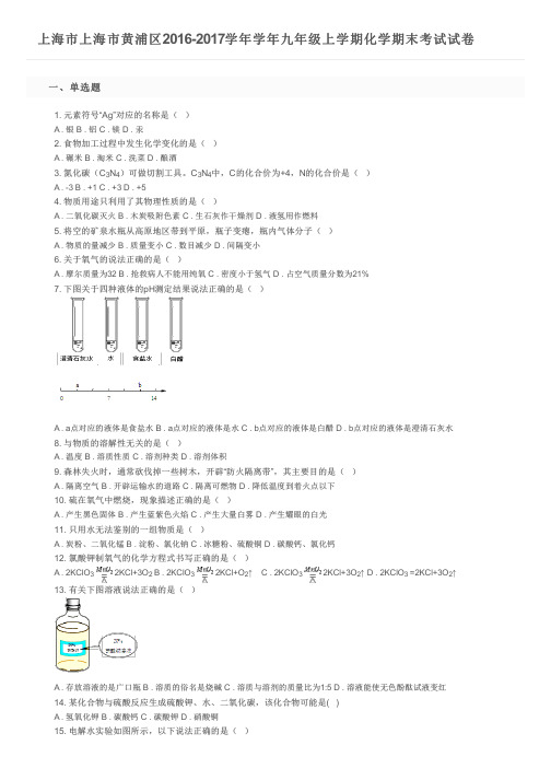 上海市上海市黄浦区2016-2017学年学年九年级上学期化学期末考试试卷及参考答案