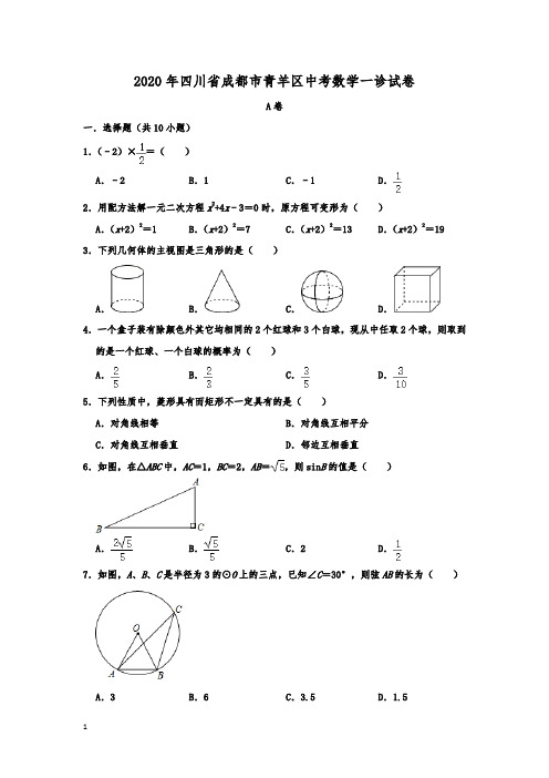 成都市青羊区2020年中考九年级数学一诊测试题(含解析)
