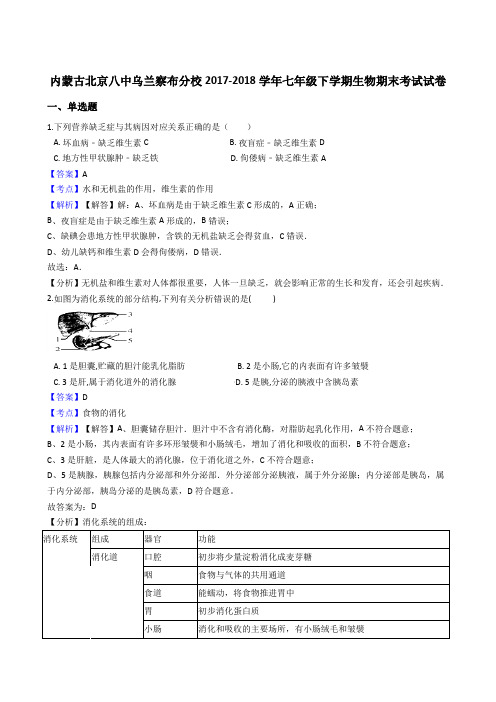 内蒙古北京八中乌兰察布分校2017-2018学年七年级下学期生物期末考试试卷(解析版)
