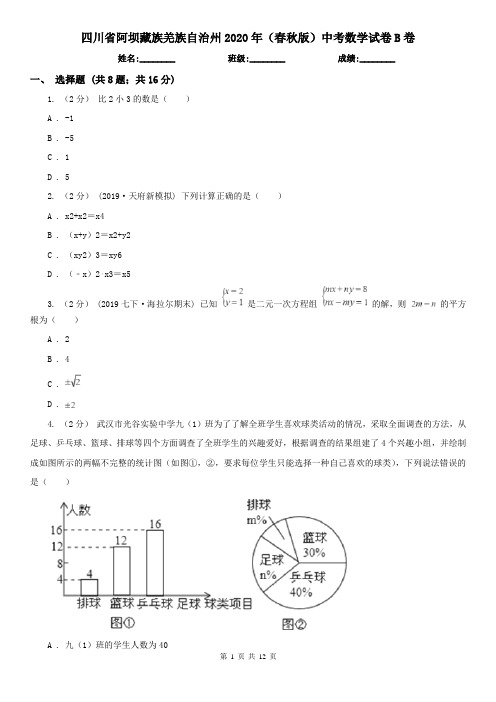 四川省阿坝藏族羌族自治州2020年(春秋版)中考数学试卷B卷