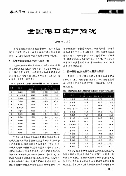 全国港口生产简况(2008年7月)