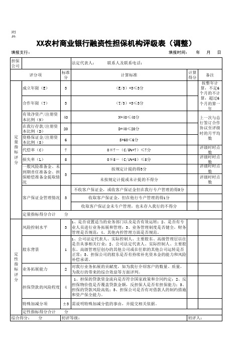 XX农村商业银行融资担保机构评级表