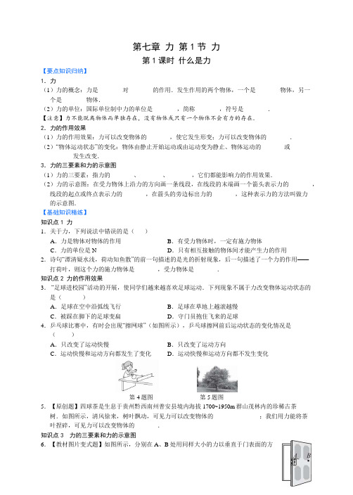 人教版2019-2020年八年级下册物理知识点归纳与练习：第七章 力(word版,无答案)